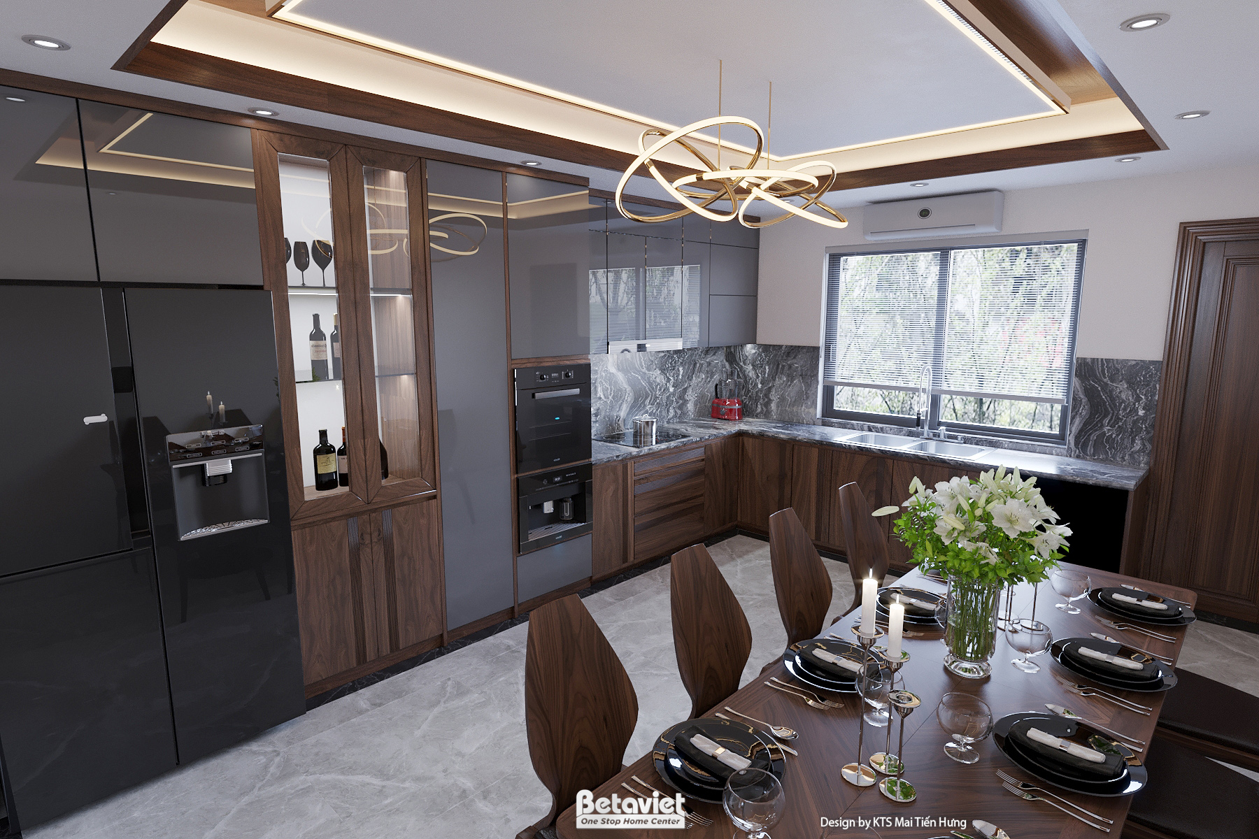 Mẫu thiết kế nội thất phòng bếp hiện đại gỗ óc chó NT24555
